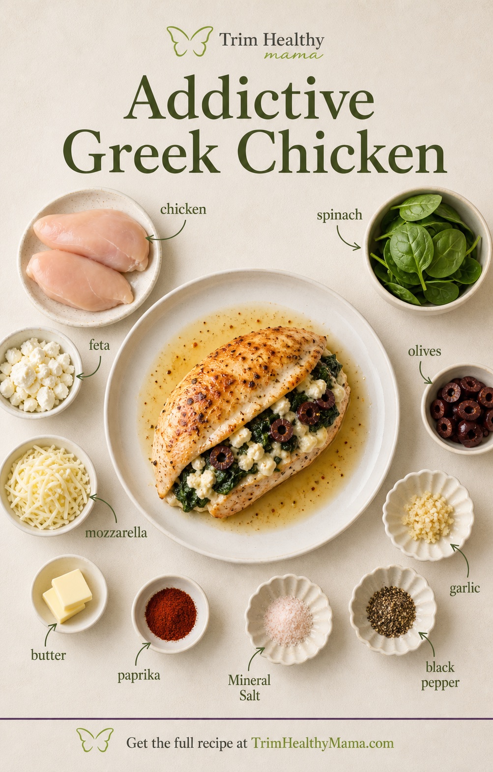 Addictive Greek Chicken recipe infographic with ingredients labeled around the finished chicken