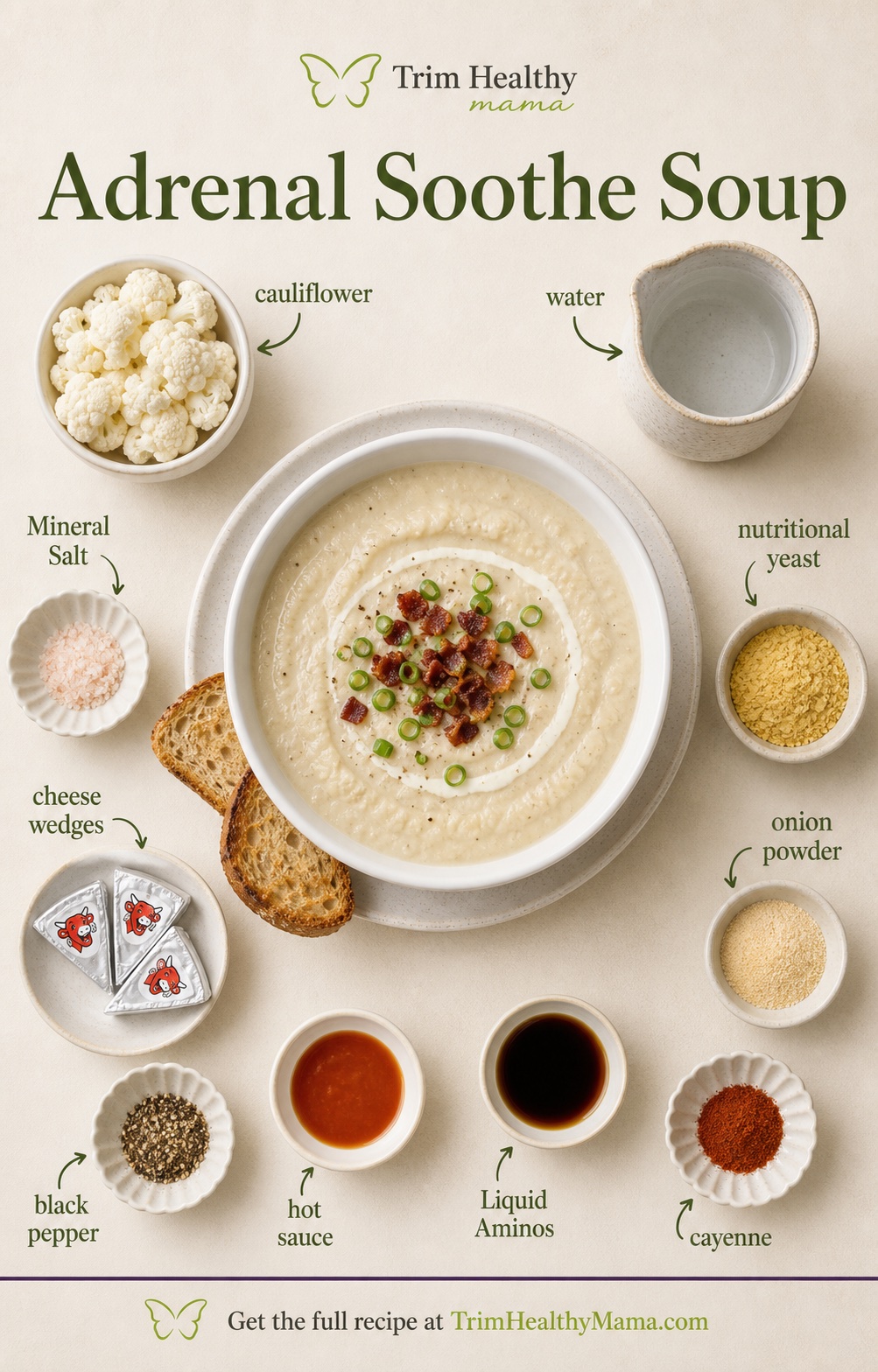 Adrenal Soothe Soup recipe infographic with ingredients labeled around the finished soup