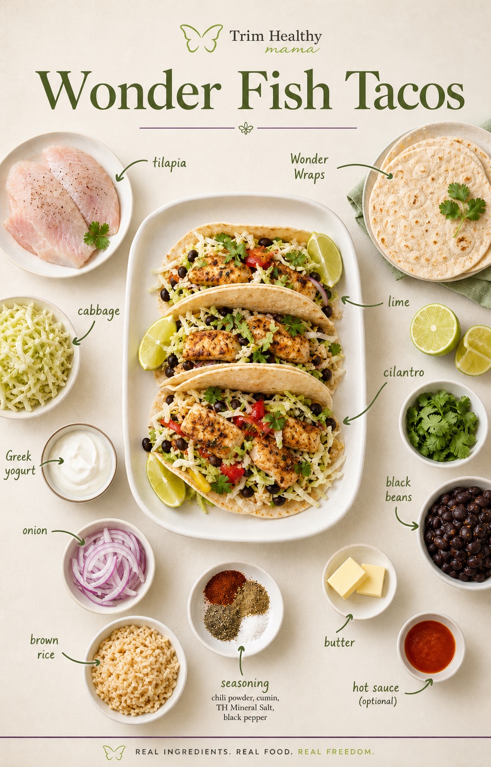 Wonder Fish Tacos recipe infographic with ingredients labeled around the finished tacos